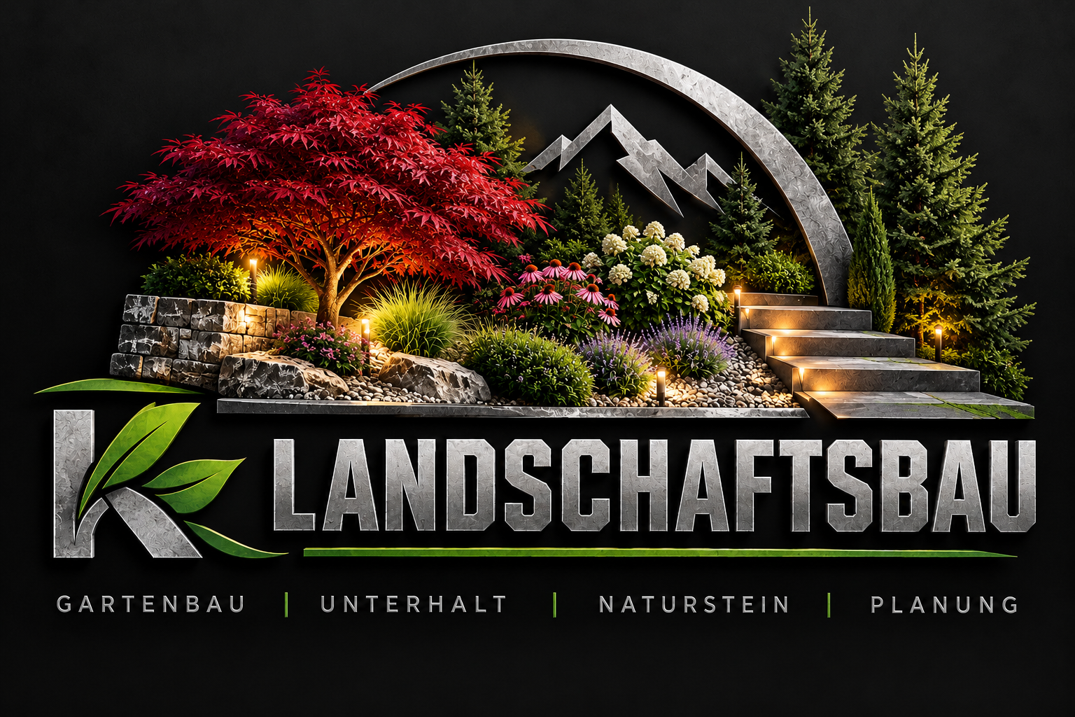 Gestaltetes Landschaftsbau-Logo mit Bäumen, Naturstein und Garten